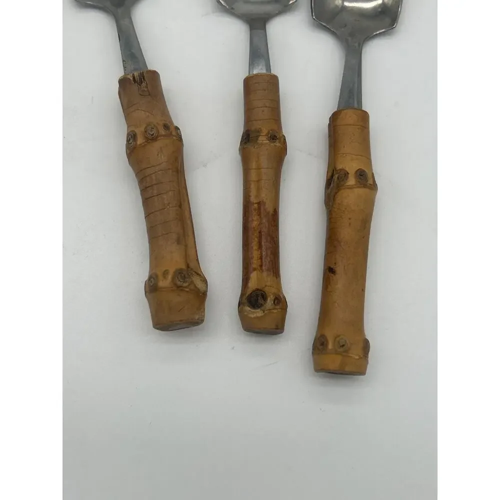 Vintage Japan Stainless Grapefruit Spoons Serrated Bamboo MCM Tiki Set of 3